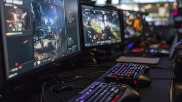A gaming setup featuring multiple monitors displaying gameplay and gaming peripherals. photo