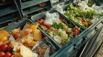 A collection of food waste in bins, highlighting the issue of food disposal. photo