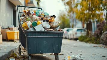 A filled garbage cart on a street, highlighting urban waste management issues. photo