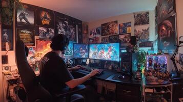 A gamer immersed in a vibrant setup with multiple screens and gaming memorabilia. photo