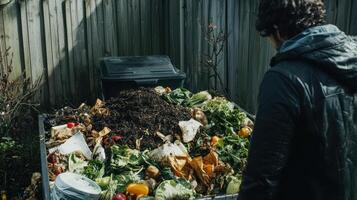 A person stands near a compost pile filled with organic waste in a backyard setting. photo