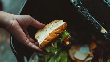 A hand discarding a sandwich into a trash bin, highlighting food waste. photo
