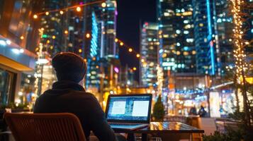 A person working on a laptop outdoors at night, surrounded by city lights. photo