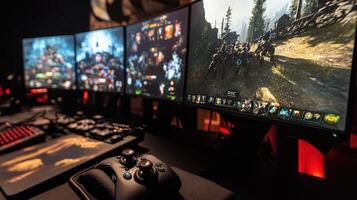 A gaming setup featuring multiple monitors displaying gameplay and a controller. photo