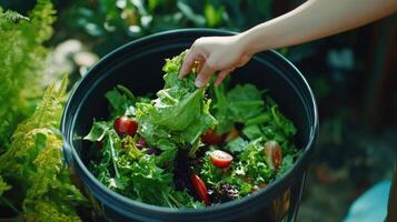 A hand placing fresh greens into a compost bin, promoting sustainable gardening practices photo