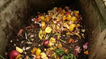 A compost bin filled with colorful vegetable scraps and organic matter for composting. photo
