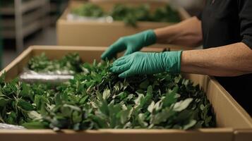 A person wearing gloves sorts fresh leaves in a large cardboard box for processing photo