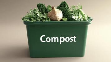 A green compost bin filled with various vegetables and greens, promoting sustainable waste management photo