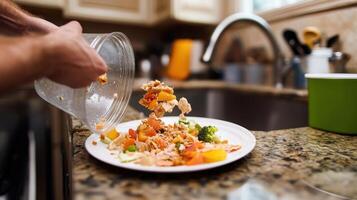 A person pouring food waste from a container onto a plate in a kitchen setting. photo