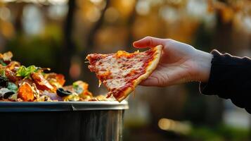 A hand reaches for a slice of pizza above a bin filled with discarded food. photo