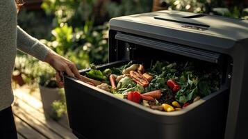 A person adds organic waste to a compost bin surrounded by greenery photo