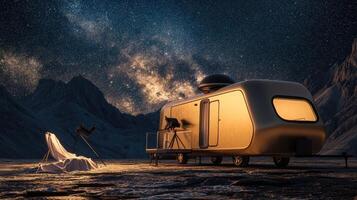 A futuristic camper under a starry sky, showcasing outdoor leisure and exploration. photo
