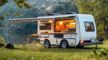 A cozy caravan with an awning, set in nature, ideal for camping and outdoor leisure. photo