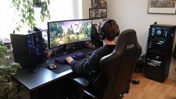 A person gaming at a computer desk with a dual monitor setup and gaming accessories. photo