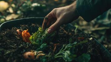 A hand adding food scraps to a compost bin, promoting sustainable waste management. photo