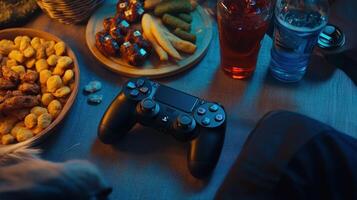 A gaming setup featuring snacks and drinks, with a controller at the center. photo