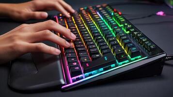 A close-up of a colorful gaming keyboard with hands typing, showcasing vibrant RGB lighting. photo