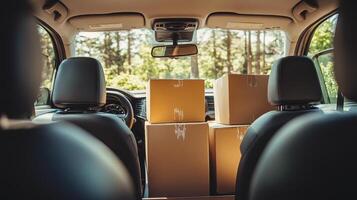 A view of a car's backseat filled with cardboard boxes amidst a forest backdrop. photo