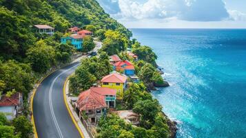 Scenic coastal road with colorful houses and lush greenery overlooking the ocean. photo