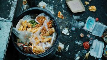A trash bin overflowing with discarded food and waste on a dirty surface. photo