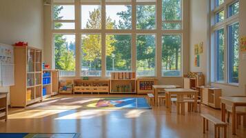 Bright and inviting classroom with natural light and educational toys. photo