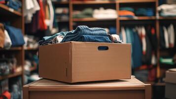 A cardboard box filled with folded clothes in a storage area. photo