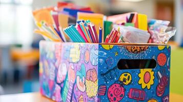 A colorful box filled with various school supplies for creative activities photo