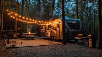 A cozy campsite with a trailer, fire pit, and string lights for outdoor relaxation. photo