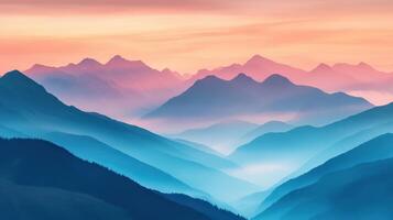 A serene mountain landscape at sunset, showcasing layered peaks and soft colors. photo