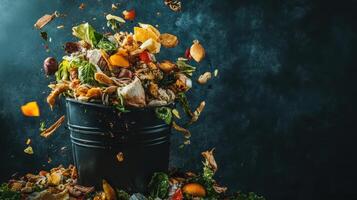 A dynamic image of food waste spilling from a bucket, highlighting environmental concerns. photo