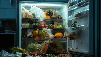 A cluttered refrigerator filled with various spoiled and fresh food items. photo
