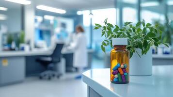 A laboratory scene featuring a bottle of colorful pills and a plant in the foreground. photo
