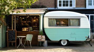 A charming vintage caravan caf with outdoor seating and a welcoming atmosphere photo