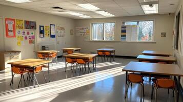A bright, empty classroom with desks and educational materials on the walls. photo