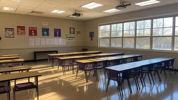 A bright classroom with desks arranged for learning and educational posters on the walls. photo
