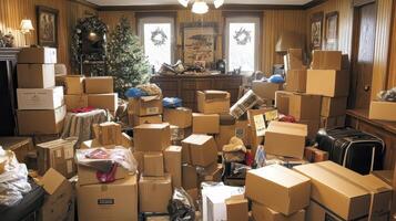 A cluttered room filled with boxes and items, suggesting disorganization or recent moving. photo
