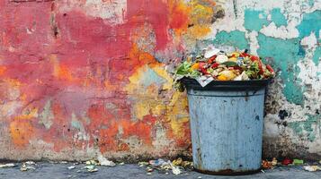 A trash bin overflowing with organic waste against a colorful, peeling wall. photo