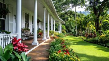 A serene porch with vibrant flowers and a lush lawn, inviting relaxation in nature. photo