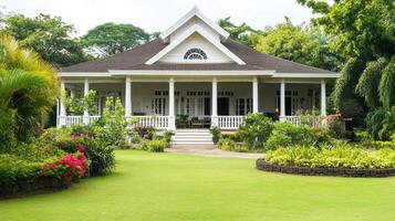 A charming white house with a lush garden and vibrant flowers, inviting relaxation and nature. photo