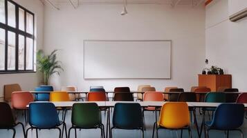 A modern classroom setup with colorful chairs and a whiteboard for learning activities. photo