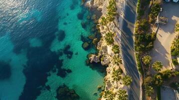 Aerial view of a coastal road lined with palm trees and clear turquoise waters. photo