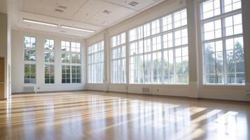 A spacious, well-lit room with large windows and wooden flooring, ideal for activities. photo
