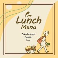 lunch menu with a man walking with a bag of sandwiches vector