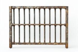 A rusty metal barred gate, typically used for confinement or security purposes. photo