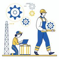 two people working on a computer and a laptop vector