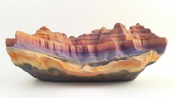 A colorful, layered rock formation resembling a landscape sculpture. photo