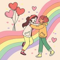 two people are hugging and holding balloons in front of a rainbow vector
