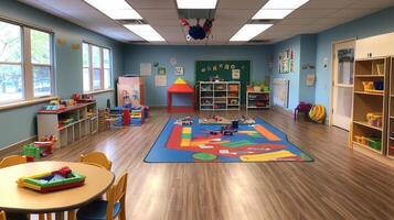 A bright and colorful preschool classroom filled with toys and learning resources photo
