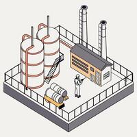 an illustration of a factory with a man standing next to a tank vector
