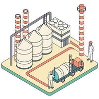 an illustration of a factory with workers and tanks vector